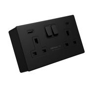 SH|P® 2 Gang 13A Screwless Matte Black Switched Socket with Dual 15W USB Fast Charging Ports (Type A & C) and 32mm Surface Mount Pattress Box