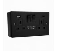 SH|P® 2 Gang 13A Switched Socket with USB A & C FastCharge (15W Total) - Matte Black Finish with 35mm Surface Pattress Box Included