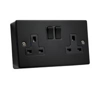 SH|P® COMPACT 3mm Thin Plate Ultra Matt Black Metal 13A 2 Gang Socket and 25mm Plastic Surface Mount Pattress Box (2 Gang Socket + Back Box)