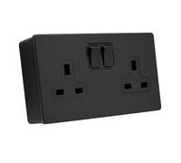 SH|P® COMPACT Screwless Ultra-Matt Black Metal 2 Gang 13A 4mm Plate Switched Socket and 25mm Plastic Surface Mount Pattress Box (2 Gang Socket)