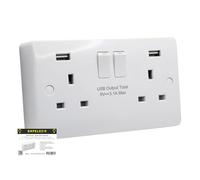 SH|P ® CONVEX Range 13A Double Wall Socket with FASTCHARGE 15W 3.1A 5V USB A+A + 29mm Surface Mount Back Box Set White Plastic Electrical Sockets Range Screw Caps (USB Type A - 2 Gang)