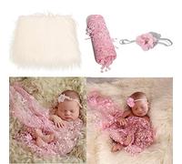 SH-RuiDu Baby Photo Props Set, 3 Pcs Newborn Photography Props Includes Fluffy Blanket+ Wrap+ Headband Set Infant Photoshoot Costume Set for 0-3M Baby Boys Girls