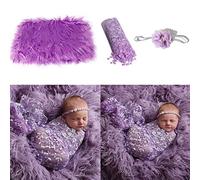 SH-RuiDu Baby Photo Props Set, 3 Pcs Newborn Photography Props Includes Fluffy Blanket+ Wrap+ Headband Set Infant Photoshoot Costume Set for 0-3M Baby Boys Girls