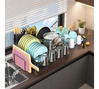 SH-RuiDu Dish Drainer Rack, 19.5-29.5in Extendable Stainless Steel Kitchen Drainer Dish Drying Rack with Utensil Holder & Swivel Drain Spout, Space-Saving Countertop Organizer for Kitchen Counter