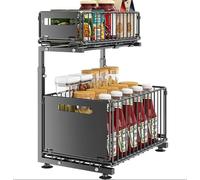 SH-RuiDu Narrow Under Sink Organizer with 2-Tier Pull out Shelves, 16.1"-19.3" Adjustable Height Cabinet Storage for Kitchen & Bathroom, Black Metal