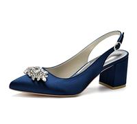 SH. SHUTUP.DANCE Ladies Rhinestones Slingback Pointed Toe Shoes Slip On Pums Chunky Heels Comfort Square for Party Bridal Wedding Shoes 6CM Satin Sblue 8 UK