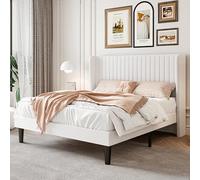 SHA CERLIN Velvet Bed Frame Double Bed Frame with Tufted Vertical Channel Headboard, Padded Platform Bed with Wooden Slats, No Box Spring Needed, Easy Assembly, White