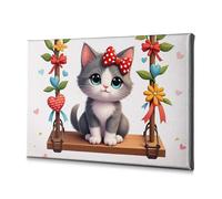 Shabby Chic Decor A Cute Kitten With A Red Bow Sits On A Swing Decorated With Flowers And Hearts. Canvas Decorative Picture Home Decor Wall Bathroom Wall Decor(20x30cm)