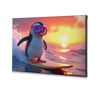 Shabby Chic Decor A Penguin Surfing On A Vibrant Sunset. Canvas Decorative Picture Home Decor Wall Bathroom Wall Decor(20x30cm)