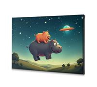 Shabby Chic Decor A Pig Rides On A Hippo'S Back Under A Starry Sky. Canvas Decorative Picture Home Decor Wall Bathroom Wall Decor(40x60cm)