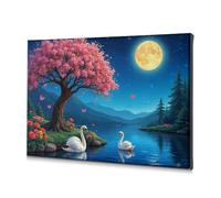 Shabby Chic Decor Swans By The Moonlit Lake With Cherry Blossoms Canvas Decorative Picture Home Wall Decor Christian Easter Decor(40x60cm)