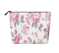 Shabby Chic Floral Pink Pattern Pale Roses White, Cosmetic Bag Imitation Linen Makeup Bag Portable Travel Toiletry Bag
