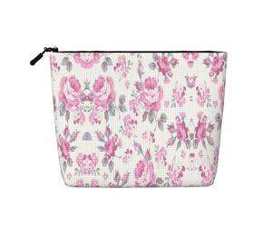 Shabby Chic Floral Pink Pattern Pale Roses White, Daily Use Makeup Cosmetic Bag Imitation Linen Makeup Bag Portable Travel Toiletry Bag