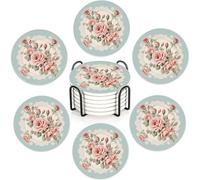 Shabby Chic Flower Rose Set of 6 Absorbent Ceramic Coasters with Cork Base & Holder,10cm Round Drink Mats for Mugs, Wine Glasses - Spill Protection for Wood/Glass Tables