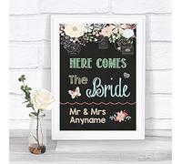 Shabby Chic Pretty Chalkboard Style Here Comes The Bride Aisle Personalised Wedding Sign Print
