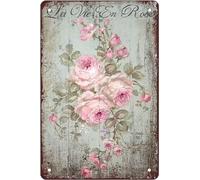 Shabby Chic Romantic Rose Print Vintage Flower Metal Tin Signs Vintage Wall Decor Rustic Country Farmhouse Bathroom Metal Signs Chic Wall Decor For Home Bathroom Bedroom Wall Decor 8x12 Inch