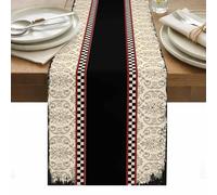 Shabby Chic Table Runner 13 x 90 Inch, Traditional Ethic Flowers Black Plaids Casual Retro Washable Cotton Linen Dining Table Runner Tabletop Decorations for Restaurant Home Kitchen Party