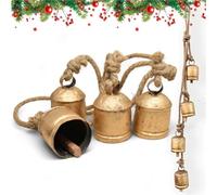 Shabby Chic Vintage Style Harmony Country Style Bells Christmas Decor Mantle Wreath Lucky Charm Christmas Bells, Rustic Decorative Bell 4 Hanging Bells, Brass Gold Cowbells with Jute Rope