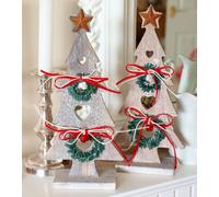 Shabby Chic Wooden Christmas Tree Decorations - Shabby Chic Distressed Style in Wood with Tiny Bell Baubles Red & White Bows. Sold as a Pair.