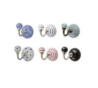 Shabby Restore Round Ceramic Wall Hooks with Metal Hardware, Decorative Coat Hat Rack Key Hooks, Vintage Style, 6 Pack