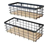 ShabbyDecor Metal Wire Basket Detachable Wood Base Storage Organizer Farmhouse Bin for Kitchen Cabinets, Bathroom, Pantry, Laundry Room, Closets Set of 2,Black Color