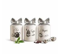 SHABJY 3pcs White Tea, Sugar & Coffee Canister Jar Set with Design Print Silver Bow Lid Sparkling Ceramic Diamante Storage Jars - 15x11cm Best For Kitchen Decortion