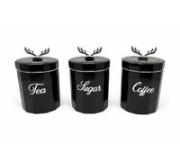 SHABJY Black Raidear Top Straight Ceramic Tea, Coffee & Sugar Jar Set Of 3-Piece Kitchen Storage Canisters with Silver Deer Antler Lids & Diamante Detailing Decorative 15x11cm Containers