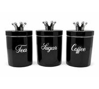 SHABJY Black Tea, Coffee, Sugar Canister Set 3PCS Ceramic Jars with Silver Crown Lids & Diamante Accents Kitchen Storage Set for Tea, Coffee & Sugar - 15x11cm Stylish Countertop Decor