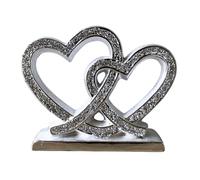 SHABJY Crushed Diamond Silver Double Heart Love Ornament - 25cm Sparkly Bling Decorative Showpiece with Square Base | Romantic Home Decor Gift for Wedding, Anniversary, Valentine