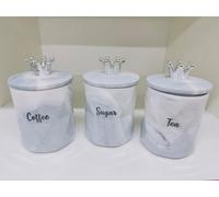 SHABJY Grey Crown Lid Ceramic Coffee, Tea & Sugar Canister Set 3-Piece Marble Print Storage Jars with Silver Crown Lids - Stylish Kitchen Containers for Coffee, Tea & Sugar 15x10cm