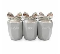 SHABJY Grey Set of 3 Marble Effect Ceramic Tea, Coffee, Sugar Canisters Silver Bow Lid Kitchen Storage Jars Crystal Containers for Home Décor Dining Table Marble Style Kitchen Accessories 15x11cm