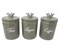 SHABJY Grey Tea, Coffee, Sugar Canister Set, 3-Piece Ceramic Storage Jars with Silver Crown Lids & Diamante Sparkle Design, Stylish Kitchen Countertop Decor - 15x11cm TCS Containers