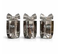 SHABJY Luxury Silver Tea Coffee Sugar Canister Set with Bow Lids - Elegant Ceramic Kitchen Storage Jars, Airtight Containers for Tea, Coffee & Sugar, Stylish Countertop Home Décor