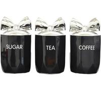 SHABJY Marble Effect Ceramic Tea Coffee Sugar Canisters, Set of 3, Crystal Style Storage Jars with Silver Bow Lid, 15 x 11 cm