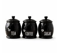 SHABJY Set of 3 Black Ceramic Kitchen Storage Jars with Lids - Tea, Coffee & Sugar Canisters Airtight Food Storage Containers Heart Lid Design 15x11 cm