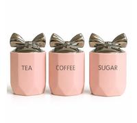 SHABJY Set of 3 Pink Ceramic Tea Coffee Sugar Canister Set with Silver Bow Lids Airtight Kitchen Storage Jars Marble Effect Gloss Finish Countertop Décor Accessories 15 x 11 cm