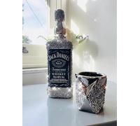 SHABJY Silver Crushed Diamond Wine Bottle & Goblet Ornament 18cm - Sparkle Bling Decorative Figurine, Elegant Gift for Home Décor, Shelf Display for All Occasions