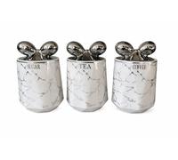 SHABJY White Silver Bow Design Ceramic Tea Coffee Sugar Jar Set 15cm Height Marble Effect Kitchen Storage Canisters with Airtight Lids Bling Shiny Home Décor Containers for Sugar, Tea & Coffee