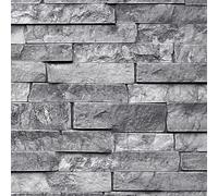 Shackcom Grey Brick Wallpaper Peel and Stick 2 Rolls 40 x 300cm, Retro Faux 3D Rock Stone Textured Contact Paper Self-Adhesive Removable Waterproof & Oilproof for Kitchen Back-Splash, Bathroom