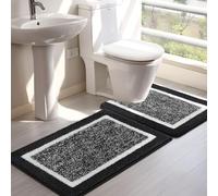 SHACOS Bathroom Rug Mat Set, Microfiber Shaggy Bath Mat, Non-Slip Soft Bathroom Carpet, Super Absorbent Quick Drying, Machine Washable, 2 Piece with U-Shaped Toilet, Black, 45x65cm+50x60cm
