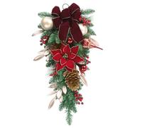 SHACOS Christmas Teardrop Swag, 70cm Artificial Greenery Teardrop Door Swag with Red Berries Christmas Poinsettia Flowers Gold Balls Hanging Ornament Decorations for Xmas Front Door Fireplace Wall
