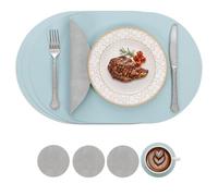 SHACOS Placemats and Coasters Washable Set of 4 Heat Resistant Non Slip Table Mats Wipeable Waterproof Placemat Dual Sided PU Leather Place Mat for Dining Table Lightblue Grey
