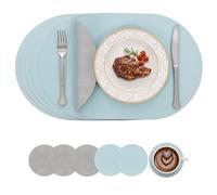 SHACOS Placemats and Coasters Washable Set of 6 Heat Resistant Non Slip Table Mats Wipeable Waterproof Placemat Dual Sided PU Leather Place Mat for Dining Table Lightblue Grey