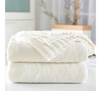 SHADDOCK Knitted Throw Blanket 100% Cotton Home Bed Blanket,51x70 Inch Soft Cozy Lightweight Cable Knit Blanket Suitable for Sofa Couch Bed Chair Car Office Travel (White, Diamond Pattern)
