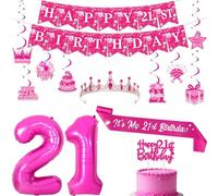 SHADOAMP 21st Birthday Decorations for Girls | Hot Pink and Silver Party Kit with Banner Sash Crown and Balloons | Celebrate Twenty-One in Glamorous Style