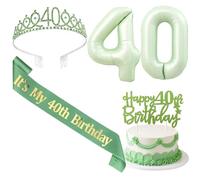 SHADOAMP 40th Happy Birthday Decorations for Women, Including Sage Green Number 40 Foil Balloon, Glitter Cake Topper, 40th Birthday Sash and Tiara for 40 Year Old Women Bday Decorations