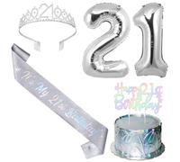 SHADOAMP Happy 21st Birthday Decorations for Girl, Including Silver 21st Bday Tiara, Number 21 Foil Balloon, Iridescent Cake Topper, and It’s My 21st Birthday Sash for 21 Year Old Girl Bday Decors