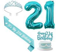SHADOAMP Teal Blue 21st Birthday Decorations for Her - Glitter Tiara, It’s My 21 Birthday Sash, Happy 21st Cake Topper Number 21 Balloon - Celebrate Twenty-One Years Old Bday for Girls Momen