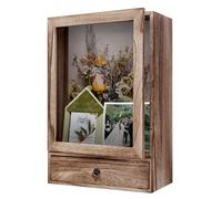 Shadow Box Frame 11" x 16" , 4" Deep Shadow Box Display Case with Drawer, Rustic Wood Memory Box for Pictures, Flowers, Memorial, Medals, Wedding Bouquet for Wall or Tabletop, Keepsakes, Brown