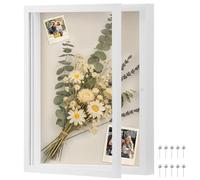 Shadow Box Frame 11x14 Inch Wooden Deep Picture Frames Magnetic 3D Keepsake Frame Shadow Box with Soft Linen Back and 10 Push Pins for Objects Bouquets Photos Artworks Flowers Memory Crafts(White)